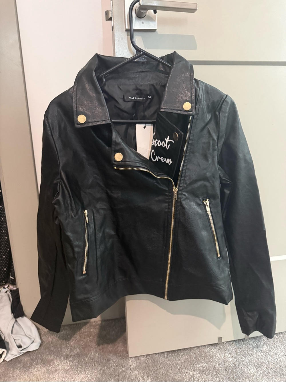 Black Faux Leather Moto Jacket with Gold Hardware